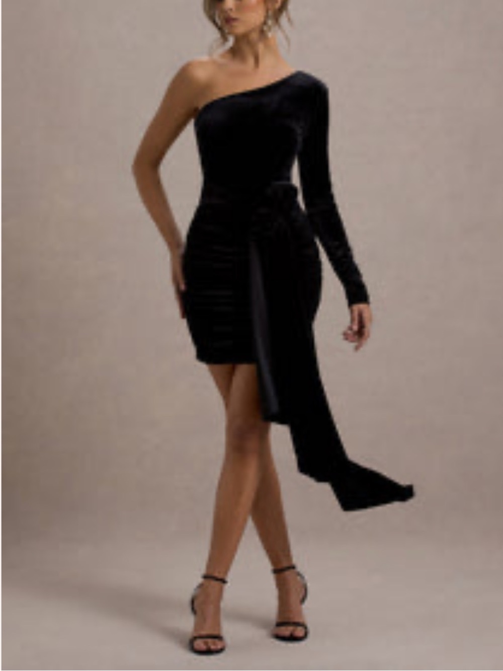 Club L London Black One-Shoulder Velvet Mini Dress with Draped Sash